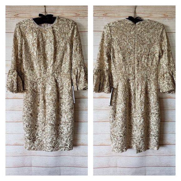Betsy and Adam Sequined Lace Sheath Dress Bell Sleeves Gold Women's Size 4P - Picture 3 of 9